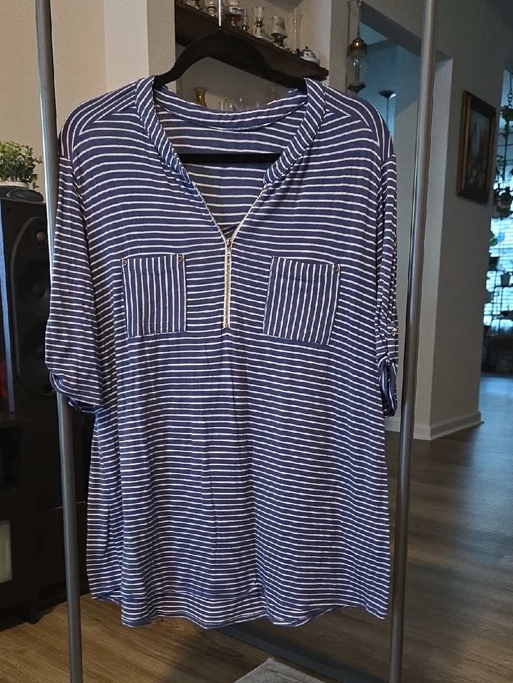 Striped Navy and White Zip-Front Women’s Top